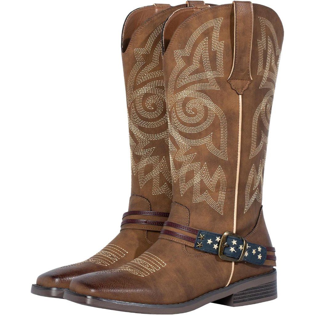 Women's Brown Fashion Wide Square Toe Western Cowgirl Cowboy Boots Mid Calf